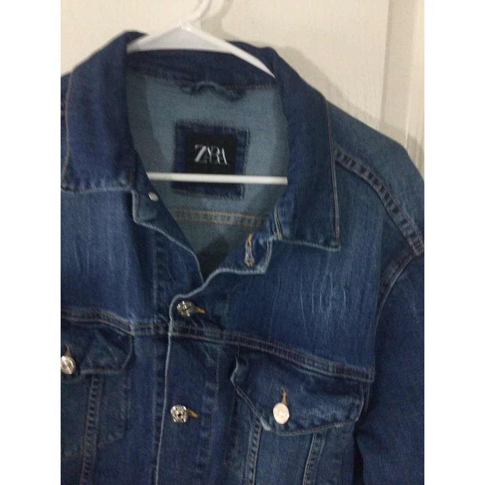 Zara Denim Jacket Mens M Trucker Bomber‎ Celebrate Your Friendships Distressed